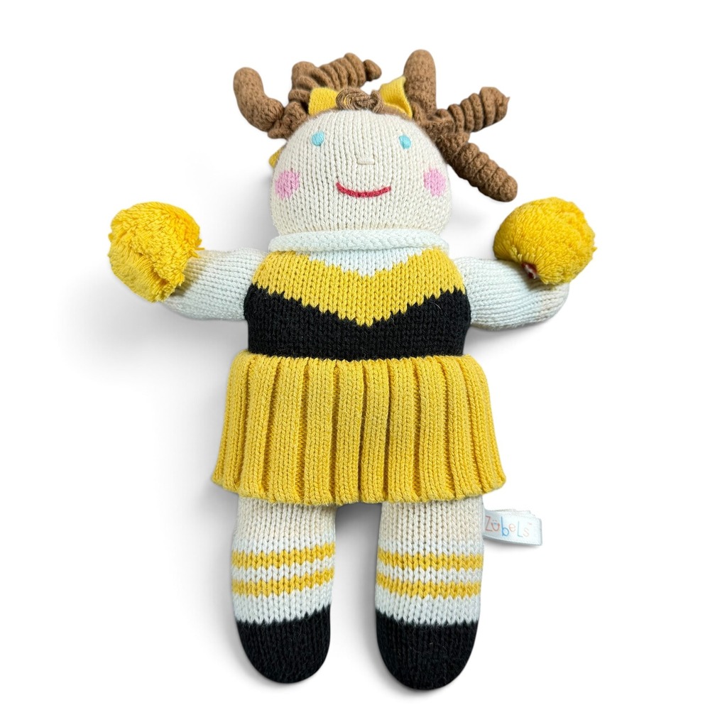 Zubels Hand Knit Cheerleader Doll Yellow Black Cotton Plush 12 Inch Toy